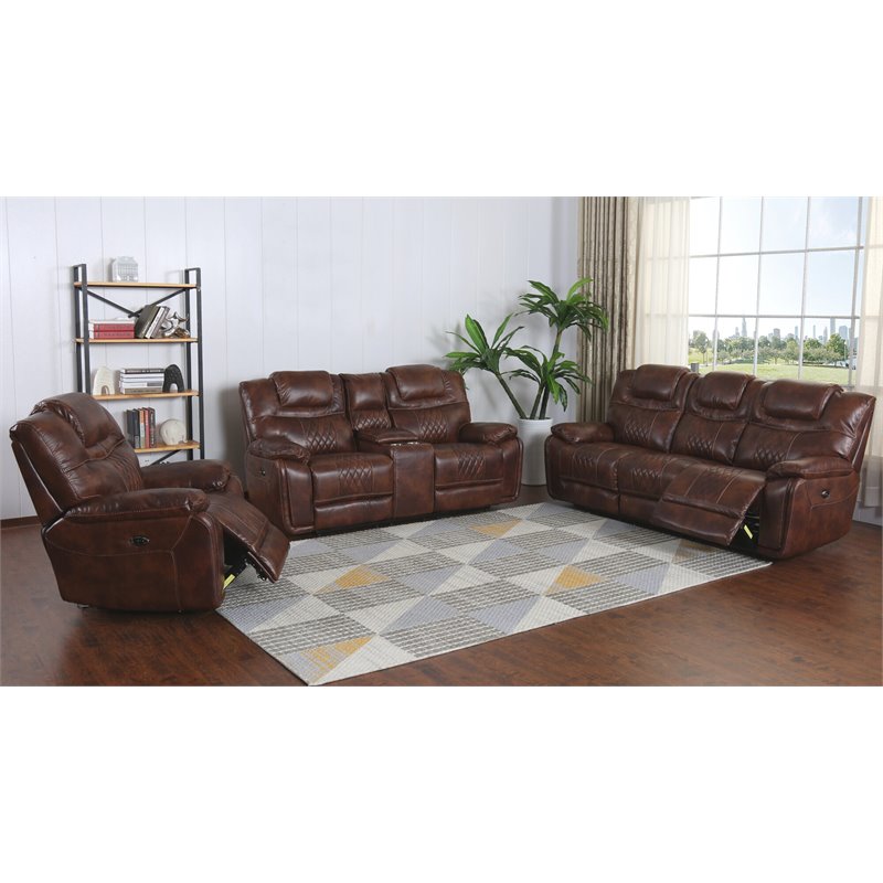 Sunset Trading Diamond Power Faux Leather Dual Reclining Sofa in Brown