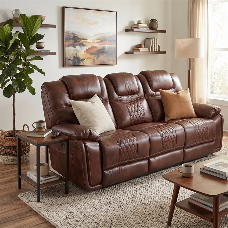 Sunset Trading Diamond Power Faux Leather Dual Reclining Sofa in Brown