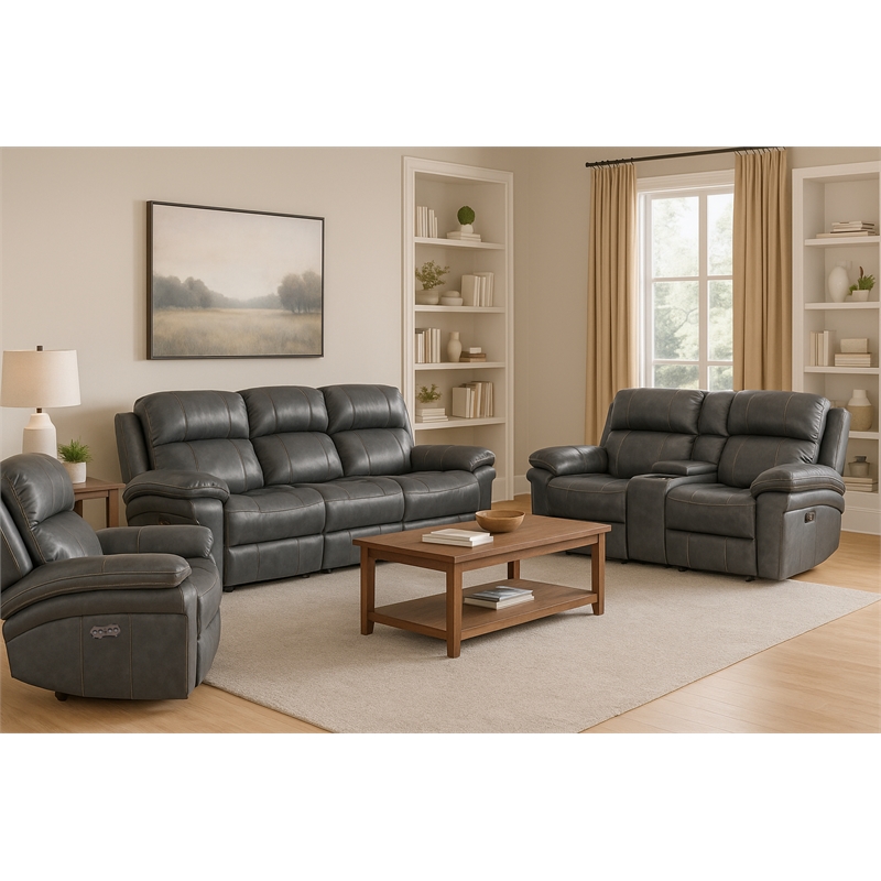 Sunset Trading Luxe 3-Piece Leather Reclining Living Room Set in Gray
