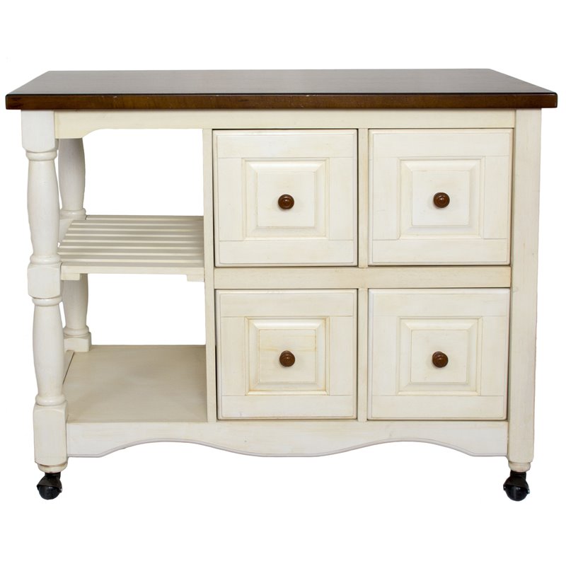 Sunset Trading Andrews 4-Drawer Wood Kitchen Cart in Antique White/Chestnut