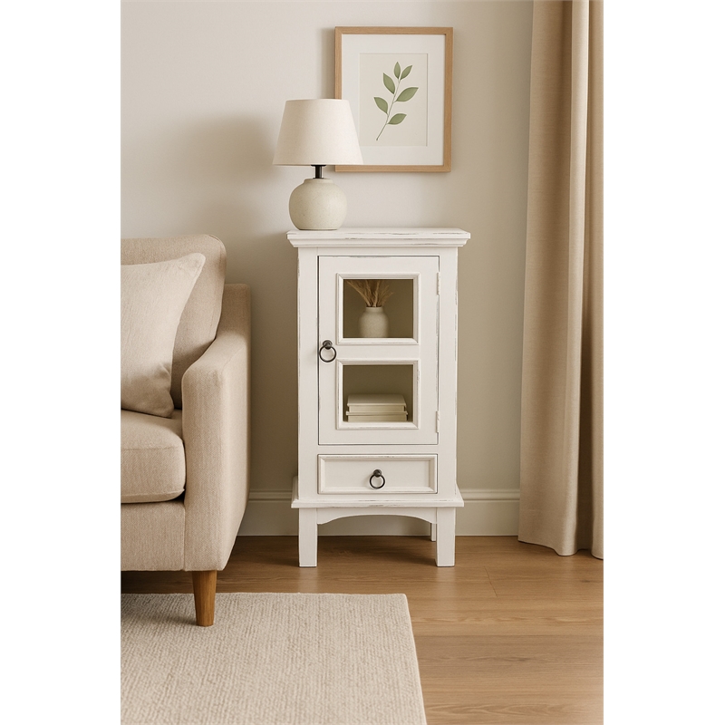 Sunset Trading Cottage 1-Door Wood End Table/Nightstand in Distressed White