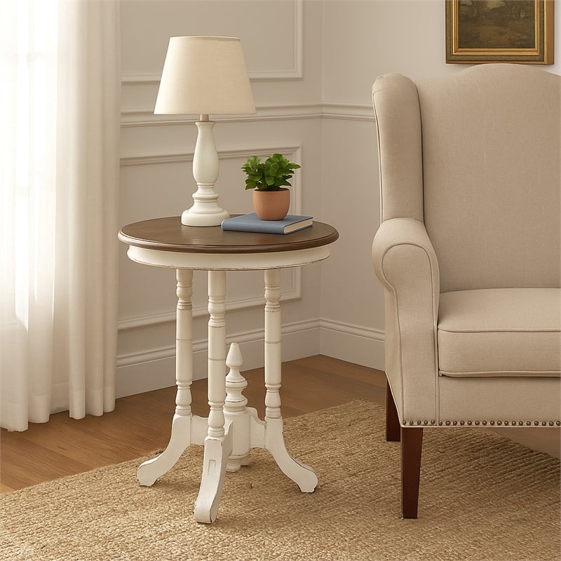 Sunset Trading Cottage Round End Table in Distressed White and Brown Wood