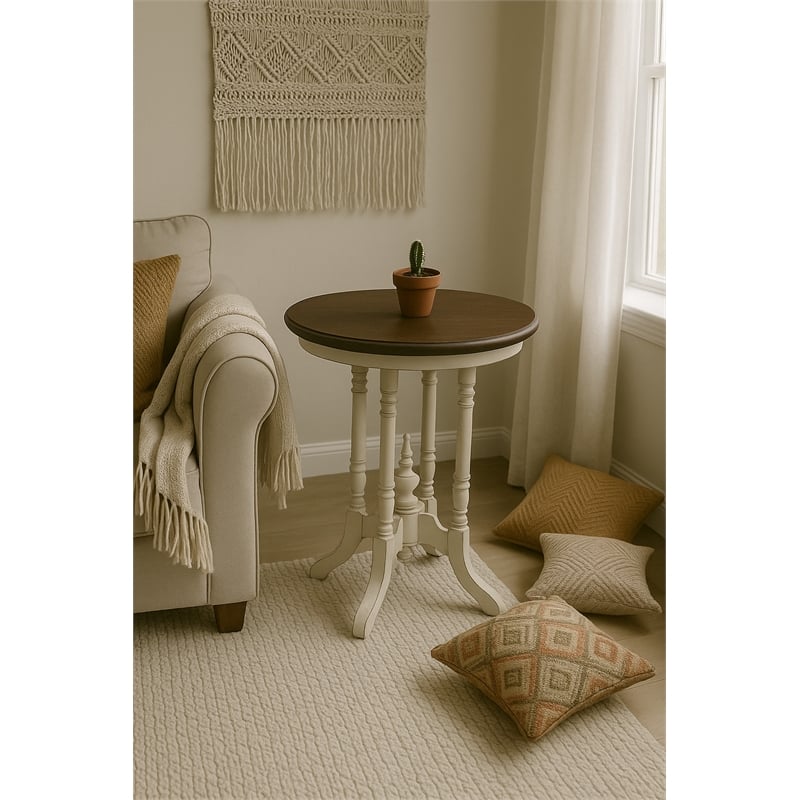 Sunset Trading Cottage Round End Table in Distressed White and Brown Wood