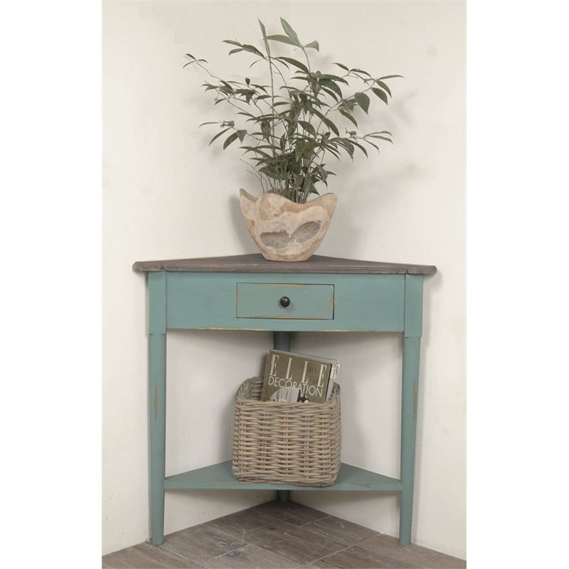 Sunset Trading Cottage Wood Corner Table in Distressed Beach Blue/Raftwood