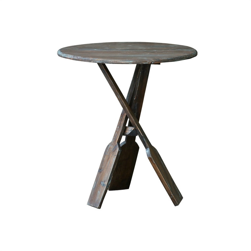 Sunset Trading Cottage Round Boat Oar Wood Accent Table in Distressed Brown/Blue
