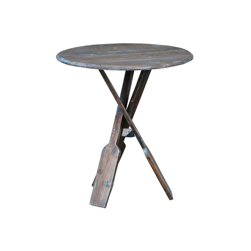 Sunset Trading Cottage Round Boat Oar Wood Accent Table in Distressed Brown/Blue