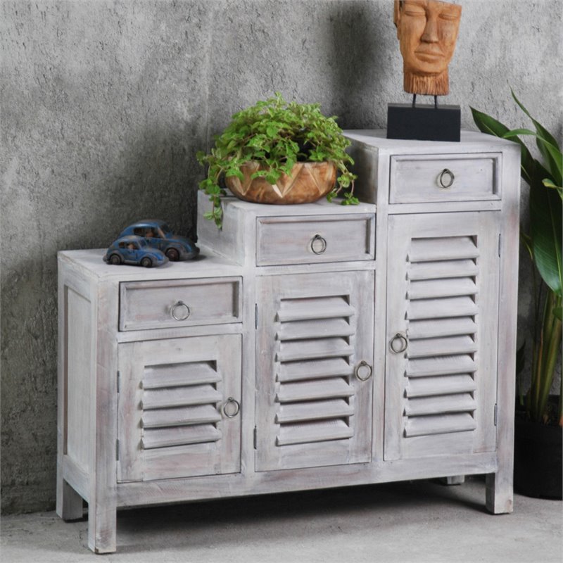 Sunset Trading Cottage Wood 3-Tiered Shutter Cabinet in Distressed Light Gray