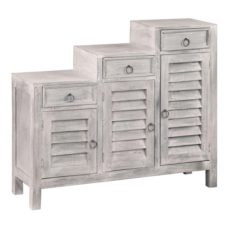 Sunset Trading Cottage Wood 3-Tiered Shutter Cabinet in Distressed Light Gray