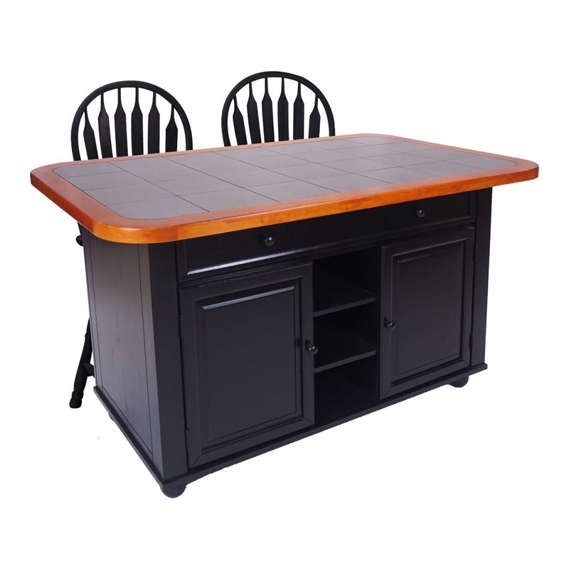 Sunset Trading 3-Piece Tile Top Wood Kitchen Island Set in Antique Black