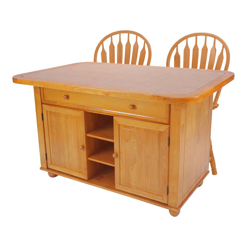 Sunset Trading Oak Selections 3-Piece Tile Top Wood Kitchen Island Set in Oak