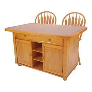 Sunset Trading Oak Selections 3-Piece Tile Top Wood Kitchen Island Set in Oak