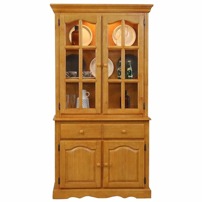 Sunset Trading Oak Selections Wood Keepsake Buffet and Lighted Hutch in Oak