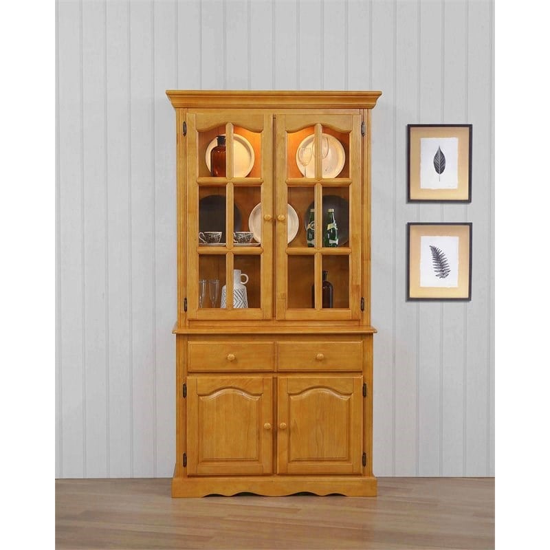 Sunset Trading Oak Selections Wood Keepsake Buffet and Lighted Hutch in Oak