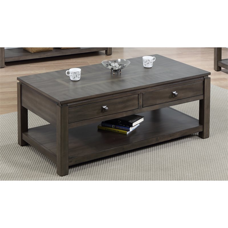 Sunset Trading Shades of Gray Wood Coffee Table with Drawers and Shelf in Gray