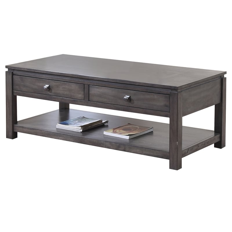 Sunset Trading Shades of Gray Wood Coffee Table with Drawers and Shelf in Gray