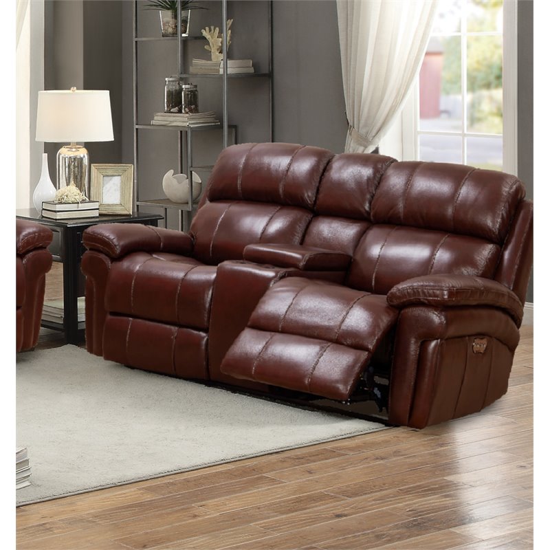 Luxe Leather Recliner Loveseat with Power Headrest and Console Storage in Brown