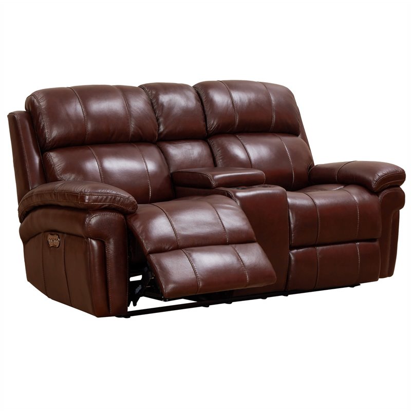 Luxe Leather Recliner Loveseat with Power Headrest and Console Storage in Brown