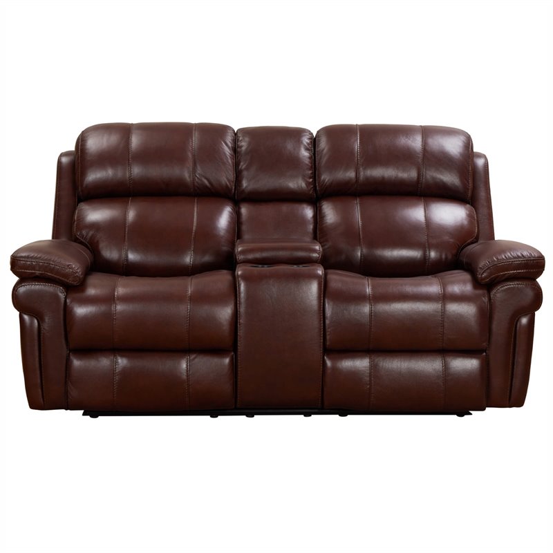 Luxe Leather Recliner Loveseat with Power Headrest and Console Storage in Brown
