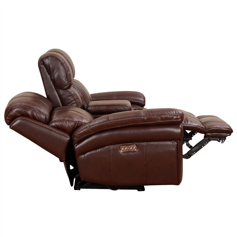 Luxe Leather Recliner Loveseat with Power Headrest and Console Storage in Brown