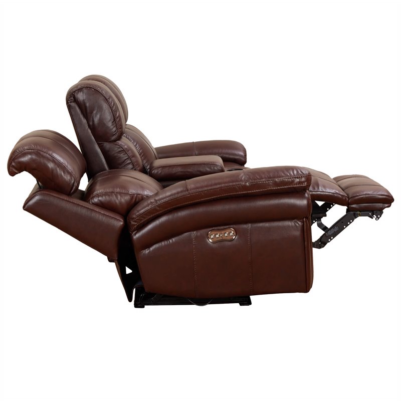 Luxe Leather Recliner Loveseat with Power Headrest and Console Storage in Brown