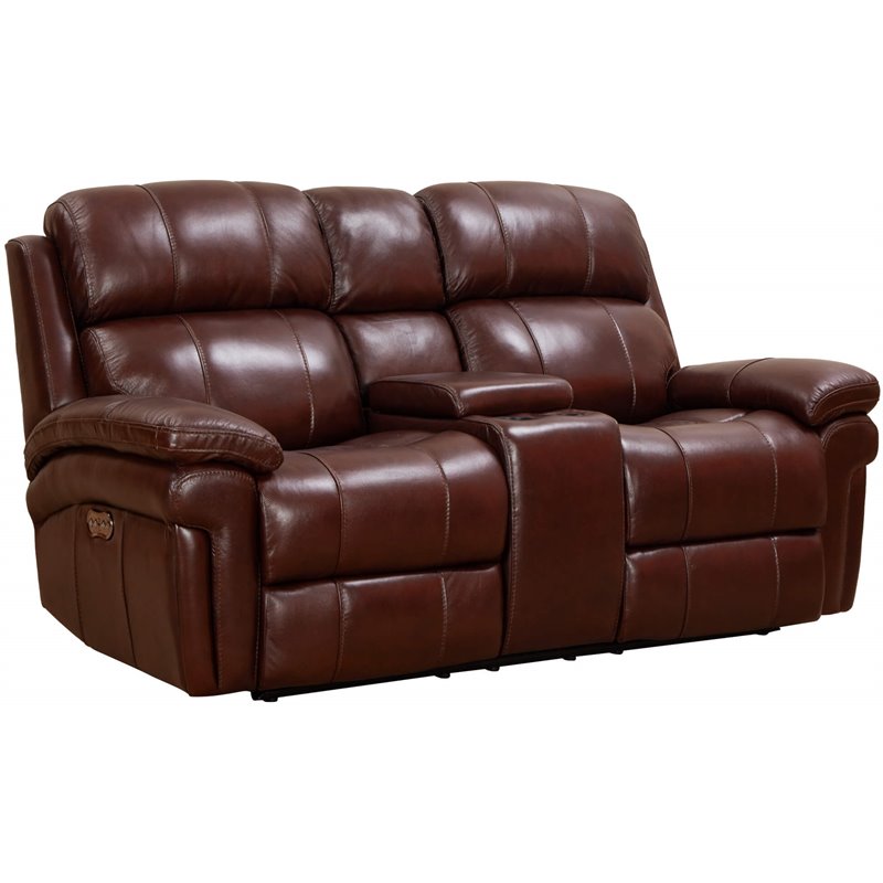Luxe Leather Recliner Loveseat with Power Headrest and Console Storage in Brown