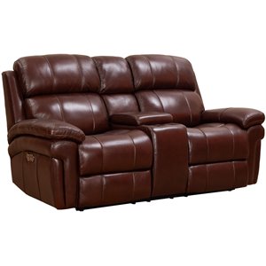 luxe leather recliner loveseat with power headrest and console storage in brown
