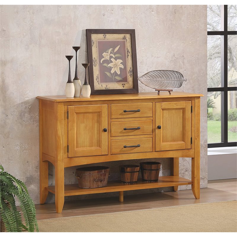 Oak Selections 3-Drawers 1-Large Open Shelf Cabinet Sideboard in Light Oak Wood