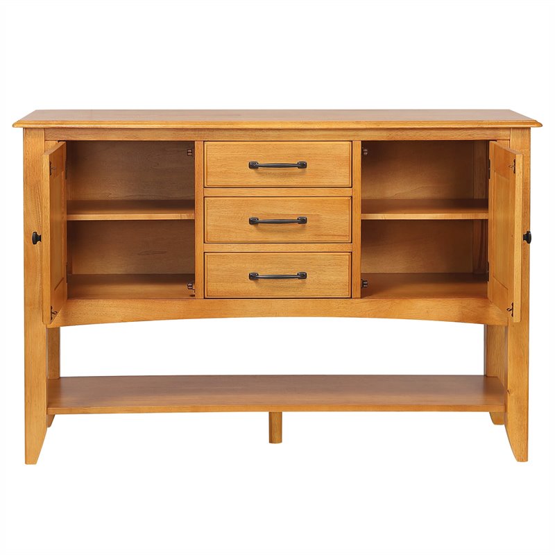 Oak Selections 3-Drawers 1-Large Open Shelf Cabinet Sideboard in Light Oak Wood