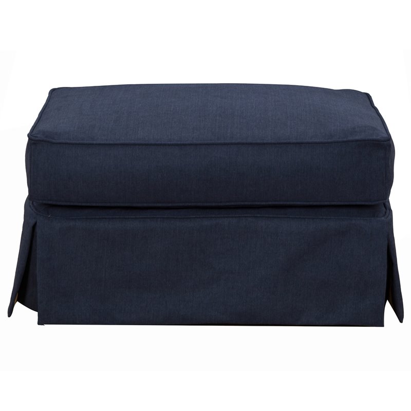 Americana Box Cushion Slipcovered Ottoman in Navy Blue Performance Fabric