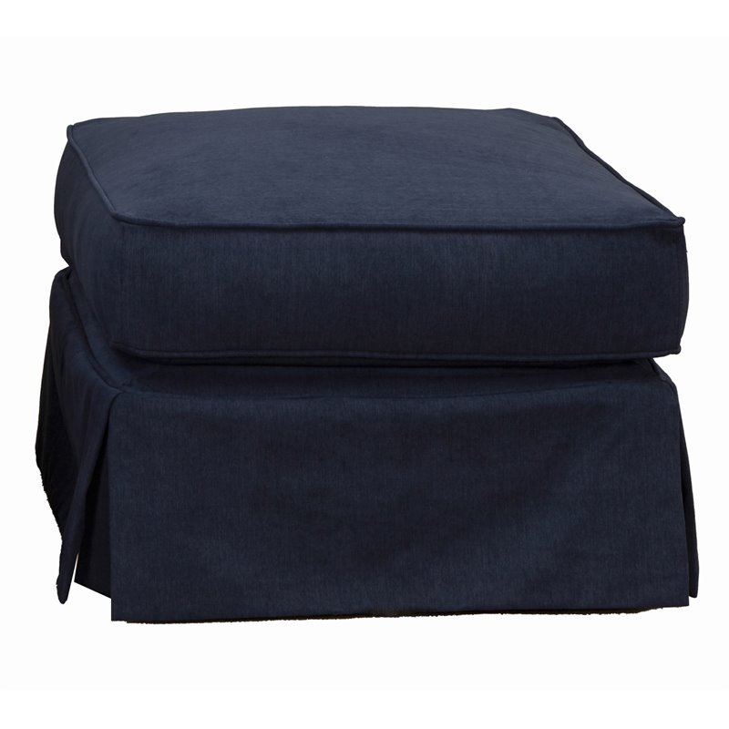 Americana Box Cushion Slipcovered Ottoman in Navy Blue Performance Fabric