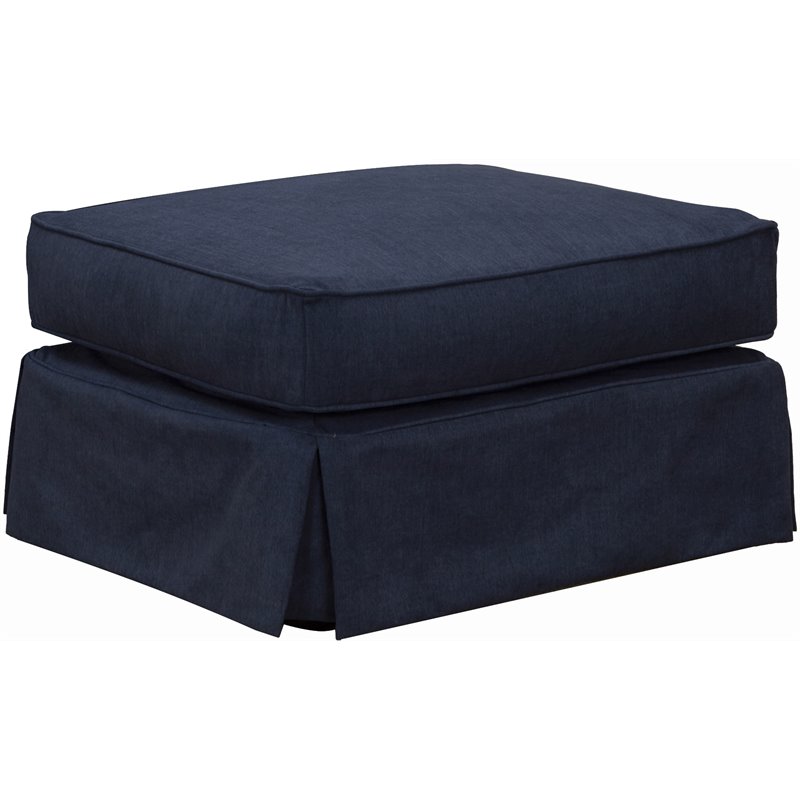 Americana Box Cushion Slipcovered Ottoman in Navy Blue Performance Fabric