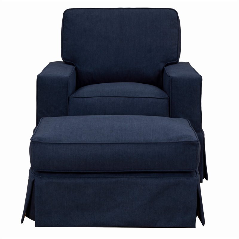 Americana Slipcovered Chair and Ottoman Set in Navy Blue Performance Fabric