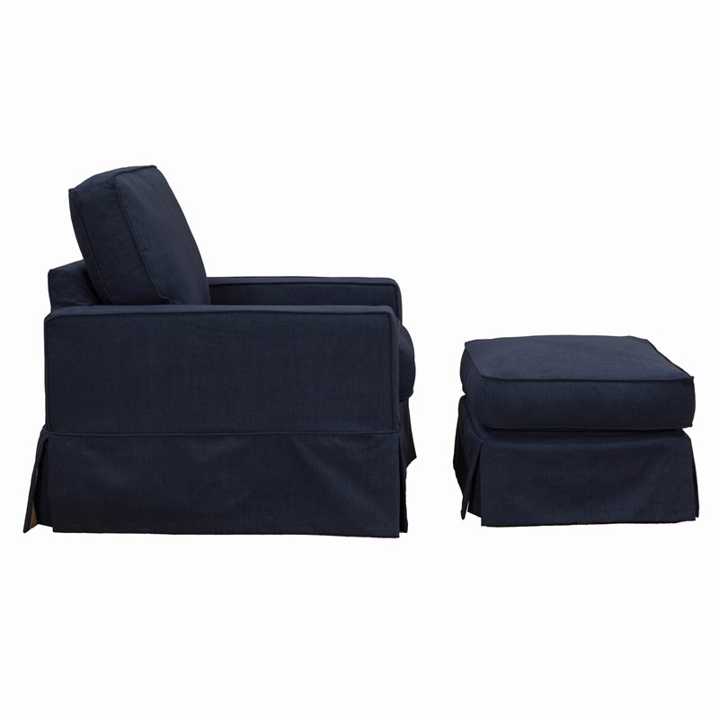 Americana Slipcovered Chair and Ottoman Set in Navy Blue Performance Fabric