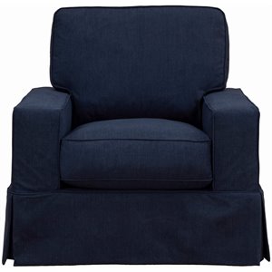 americana box cushion slipcovered chair in navy blue performance fabric