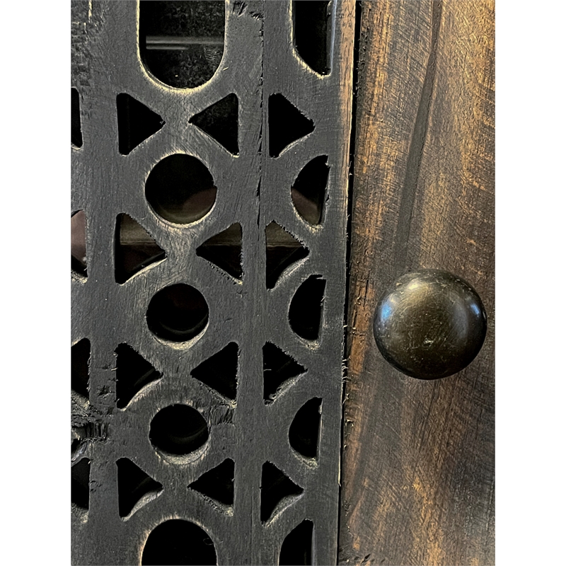 Cottage Solid Wood Deco Carved Hall Cabinet in Distressed Black/Raftwood Brown