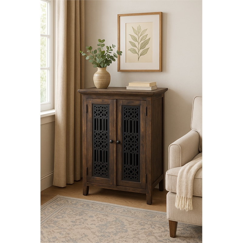 Cottage Solid Wood Deco Carved Hall Cabinet in Distressed Black/Raftwood Brown