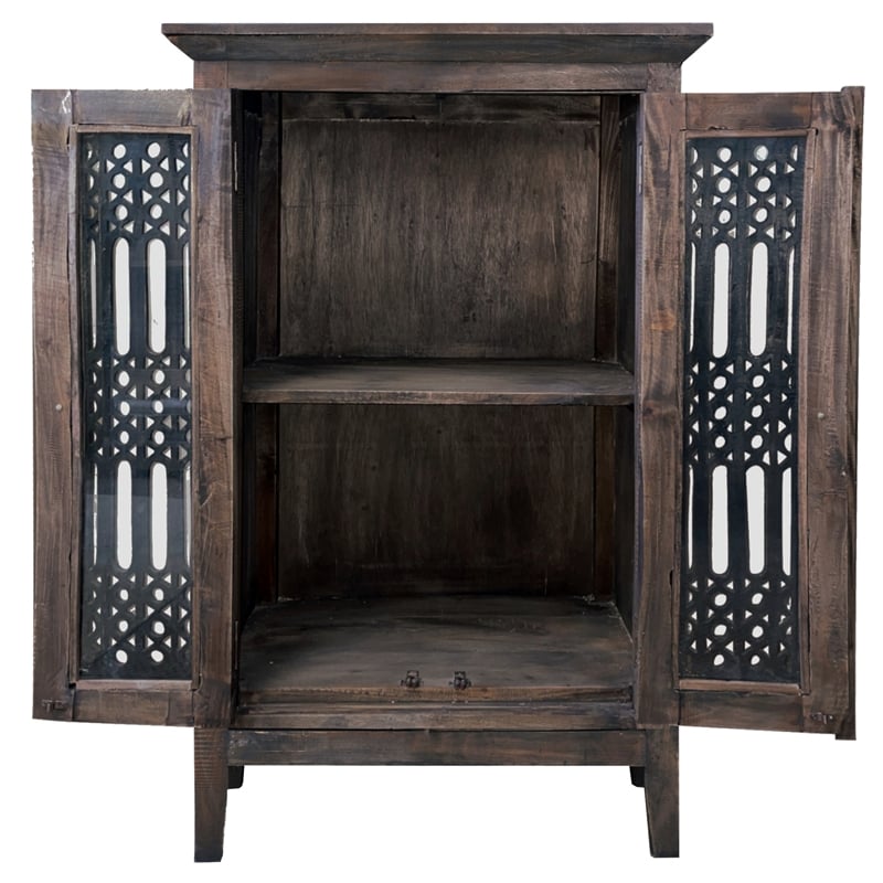 Cottage Solid Wood Deco Carved Hall Cabinet in Distressed Black/Raftwood Brown
