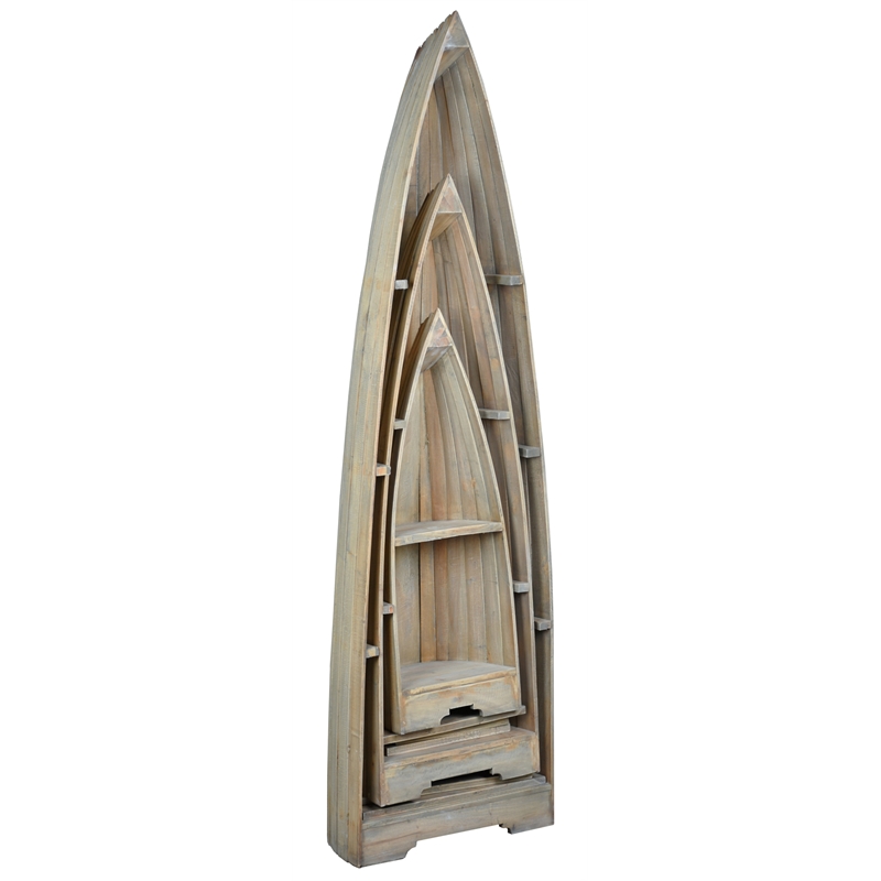 Cottage Solid Wood 3 Boat Shaped Freestanding Shelves in Driftwood Brown