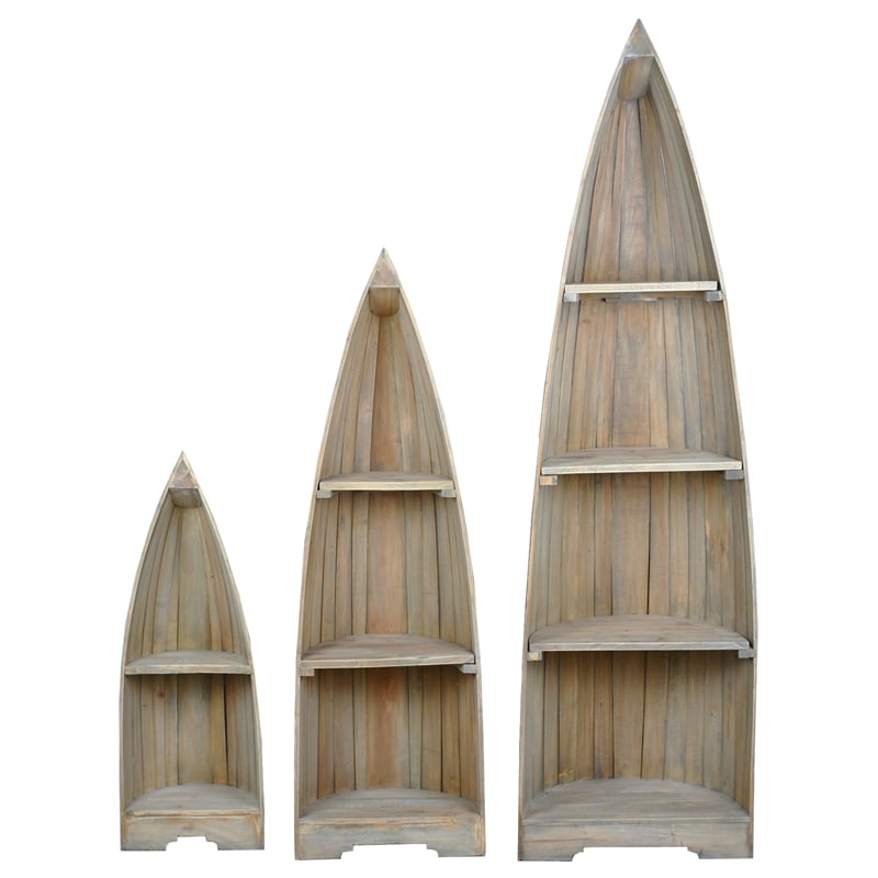 Cottage Solid Wood 3 Boat Shaped Freestanding Shelves in Driftwood Brown