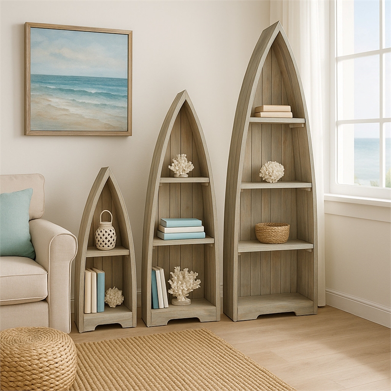 Cottage Solid Wood 3 Boat Shaped Freestanding Shelves in Driftwood Brown