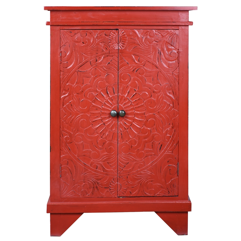 Sunset Trading Cottage Solid Wood Carved Accent Cabinet in Distressed Antique Red