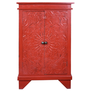 Sunset Trading Cottage Solid Wood Carved Accent Cabinet in Distressed Antique Red
