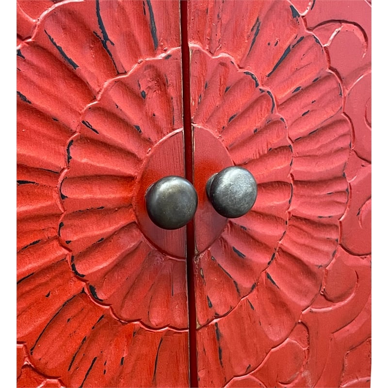 Sunset Trading Cottage Solid Wood Carved Accent Cabinet in Distressed Antique Red