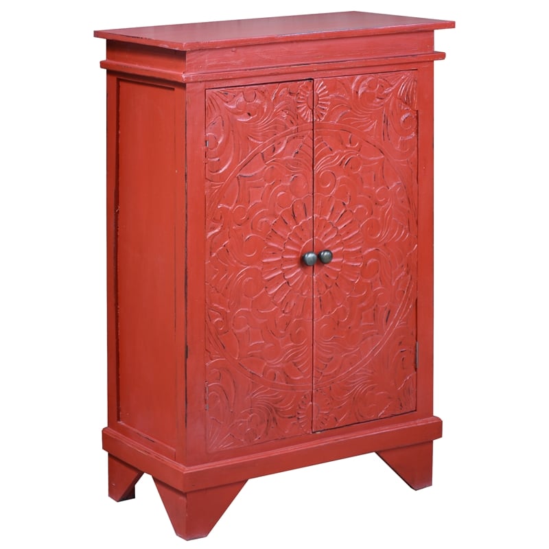 Sunset Trading Cottage Solid Wood Carved Accent Cabinet in Distressed Antique Red