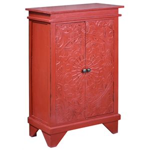 cottage solid wood carved accent cabinet in distressed antique red