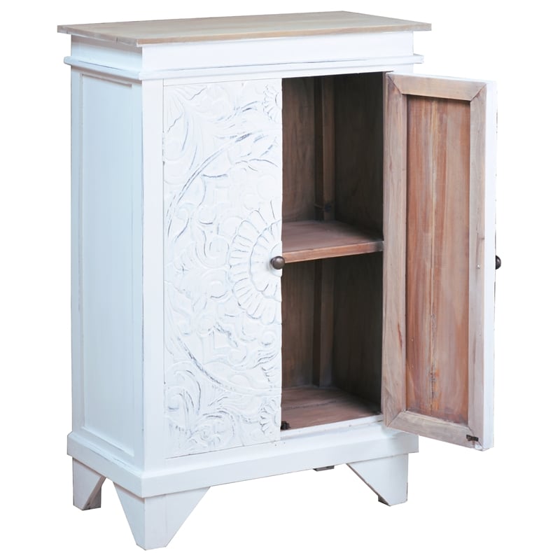 Cottage Solid Wood Carved Accent Cabinet in Distressed White/Driftwood Brown