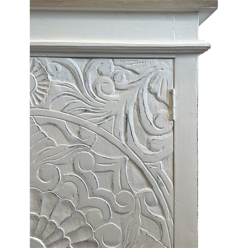 Cottage Solid Wood Carved Accent Cabinet in Distressed White/Driftwood Brown