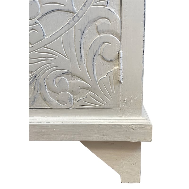 Cottage Solid Wood Carved Accent Cabinet in Distressed White/Driftwood Brown