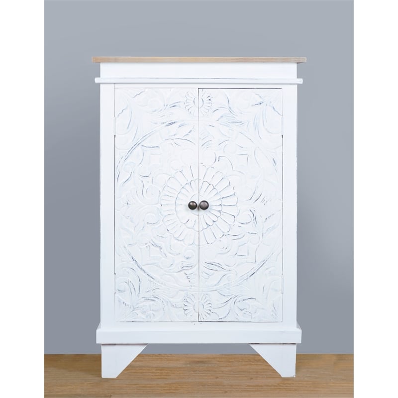 Cottage Solid Wood Carved Accent Cabinet in Distressed White/Driftwood Brown