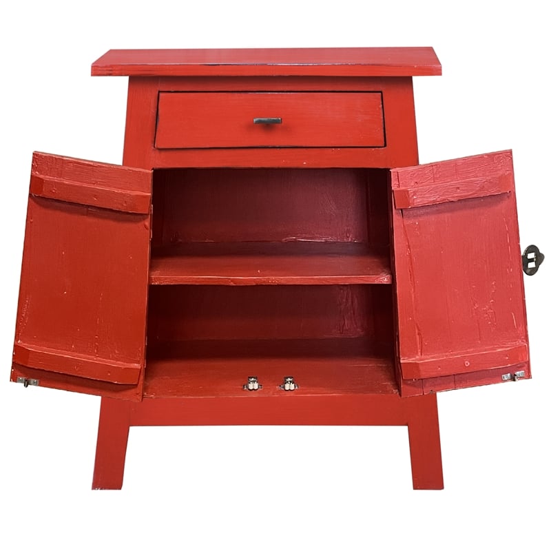 Cottage Solid Wood Zen End Table Nightstand in Distressed Red